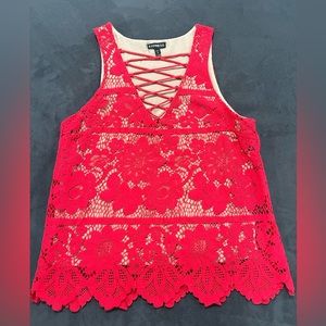 EXPRESS Red floral lace with laced up V neckline tank